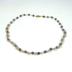 Amethyst Fresh Water Pearl Beaded Necklace Gold Tone Chain Minimal Delicate 18 i